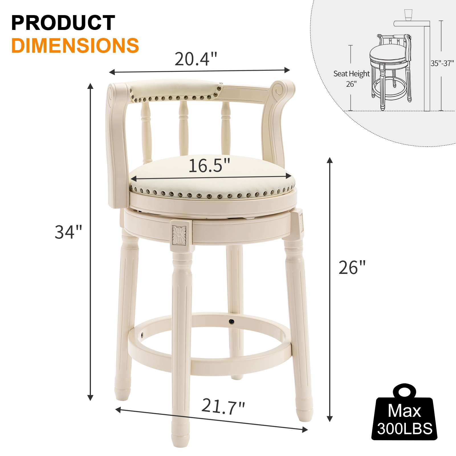 Bar Stools Seat Height 26'' Leather Wooden Bar Stools 360 Degrees Swivel Barstools Chair for Home Kitchen 1pc